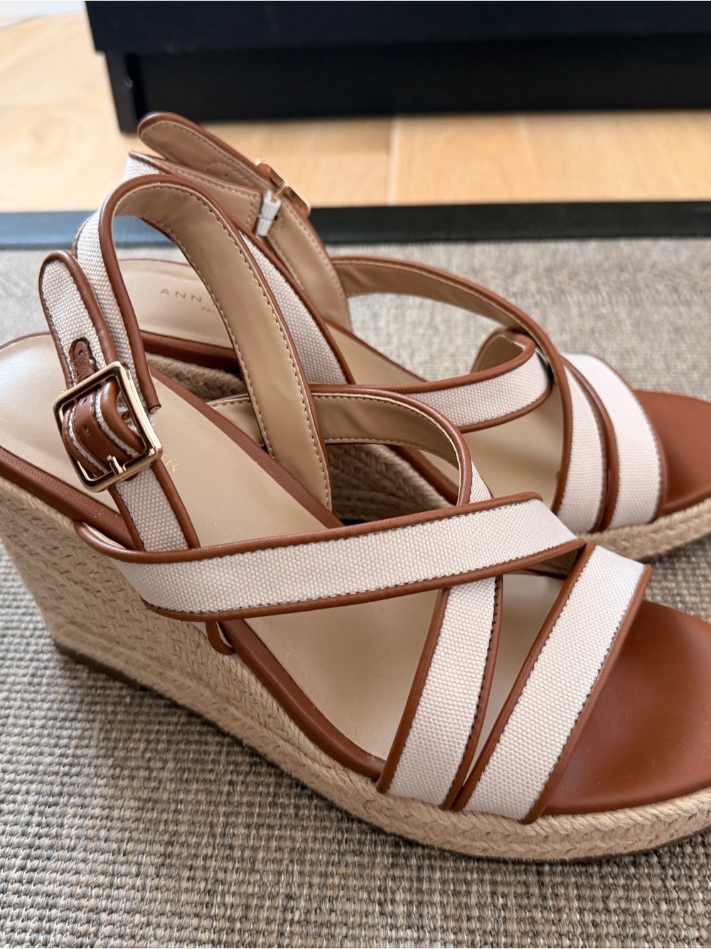 Ann Taylor Cream and Brown Espadrille Wedge Sandals